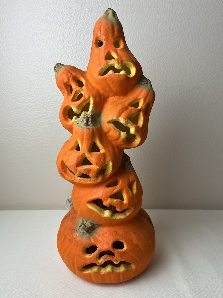 Vintage Gemmy Halloween 15” Jack o Lantern Light Up Foam 6 Pumpkin Stacked Totem