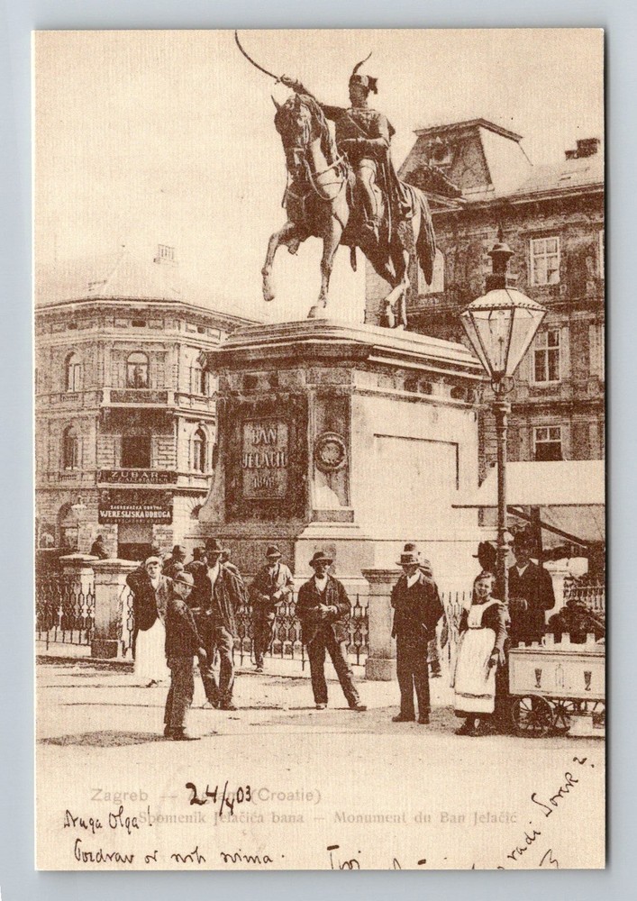 Croatia- Zagreb Towns People At Statue Of Ban Josip Jelacica PC Vintage Postcard