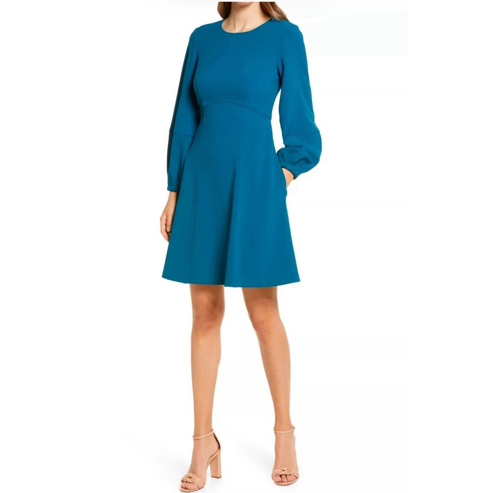 Sale$148 Eliza J Balloon Sleeve Crepe A-Line Dress in Teal Size 16