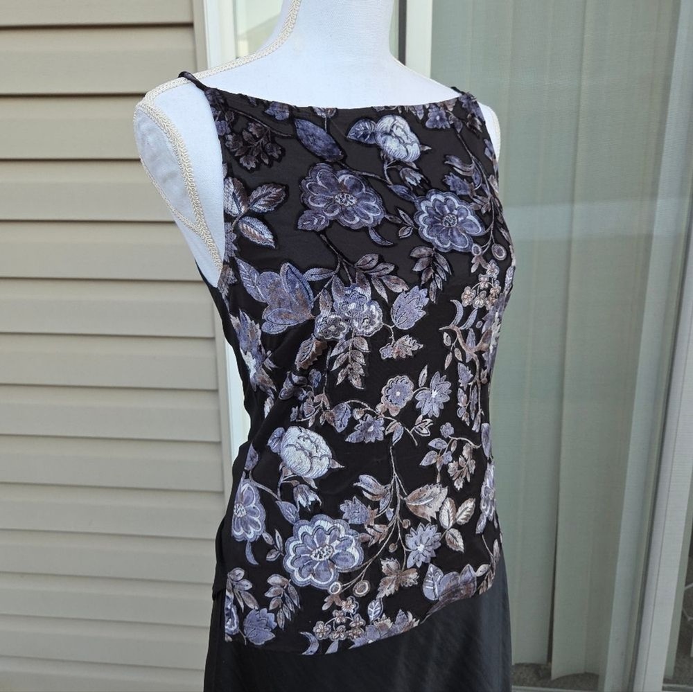 Vintage 90s Y2k Velvet Purple Black Floral Boatneck Tank Whimsygoth