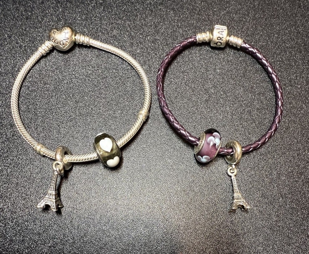 Pandora Charm Bracelet Lot Two Bracelets .925 Sterling Silver Leather Murano