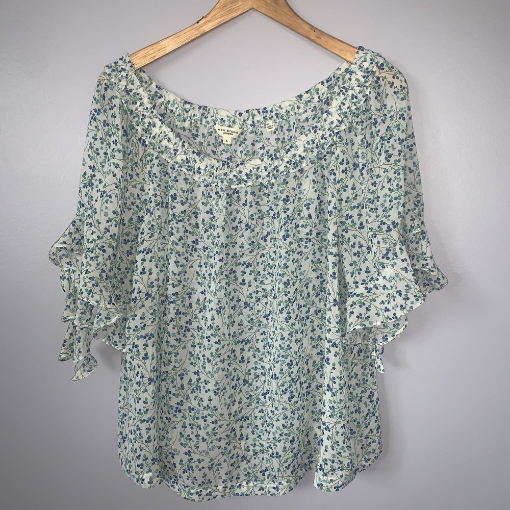 Max Studio Womens Large Sheer Floral Long Sleeve Wide Neck Ruffle Blouse Boho