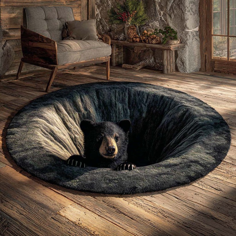 3D Bear Cave Round Rug Rustic Cabin Wildlife Area Rug Lodge Floor Mat Decor