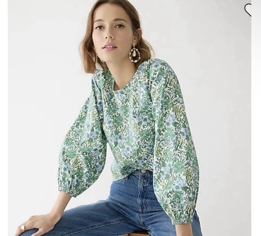 J.CREW Organic Cotton Floral Tie-Back Balloon 3/4 Sleeve Blouse Size 10