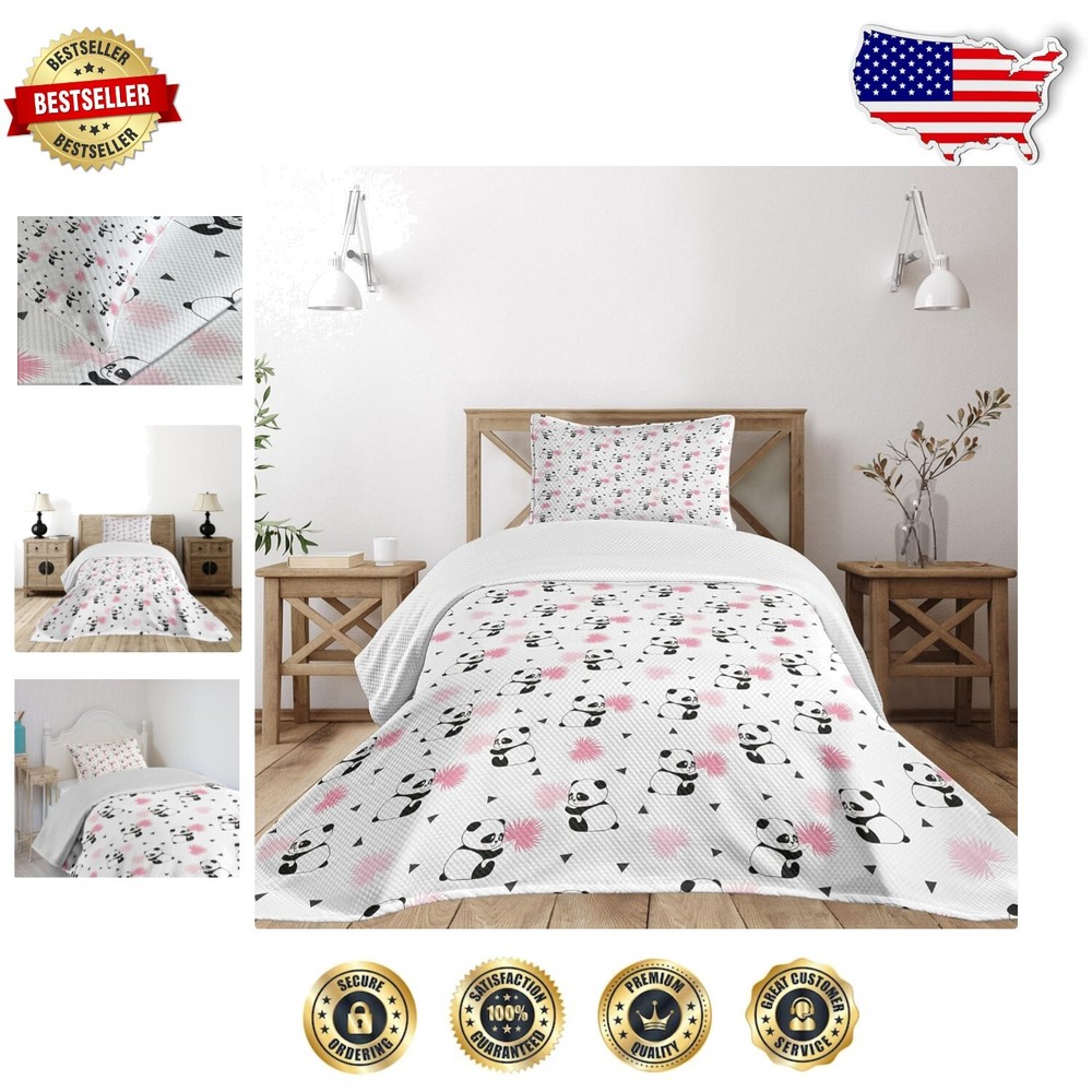 Children's Twin Bedspread Set - Elegant Pink Cartoon Bears, Durable Design