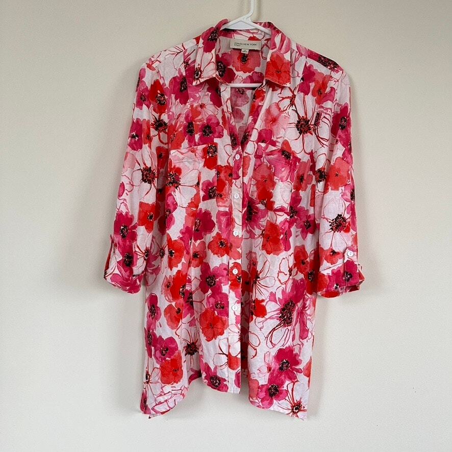Jones New York Sport Linen Shirt Floral Button Front 3/4 Sleeve Boho Cottage MED