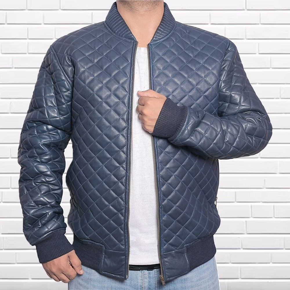Men's Blue Quilted Lambskin Leather Motorcycle Biker Jacket