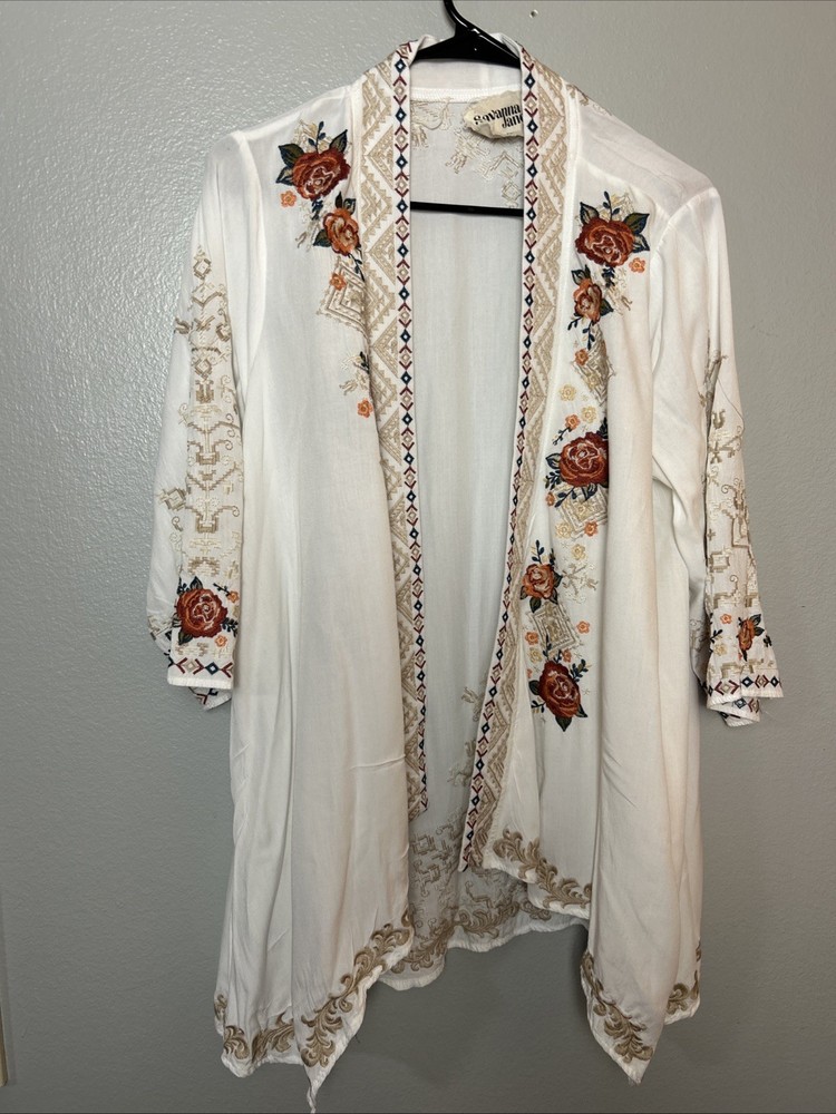 Savannah Jane Embroidered Floral Cardigan Cotton Open 3/4 Sleeve Ivory Size M/L*