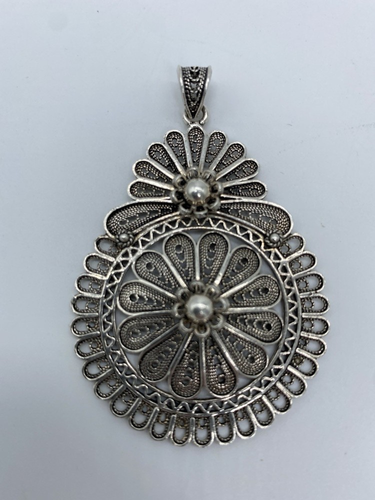 925 Sterling Silver Vintage DGS Turkey Filigree Floral Pendant