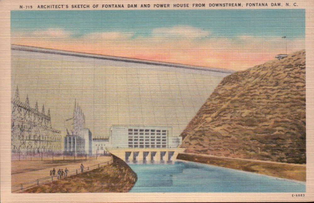 Fontana Dam and Power House North Carolina NC -- Standard Vintage Linen Postcard
