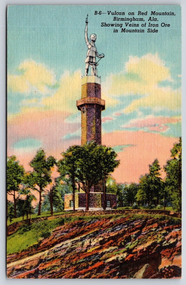 Birmingham Alabama~Red Mountain~Vulcan Statue~Tower~Iron Ore~Linen Postcard