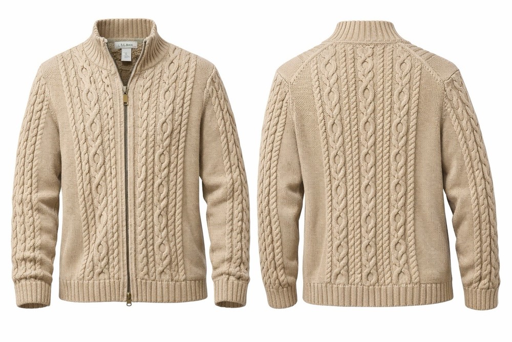 L.L. Bean Men’s XL Cable Knit Full Zip Sweater 100% Cotton Tan Heavyweight