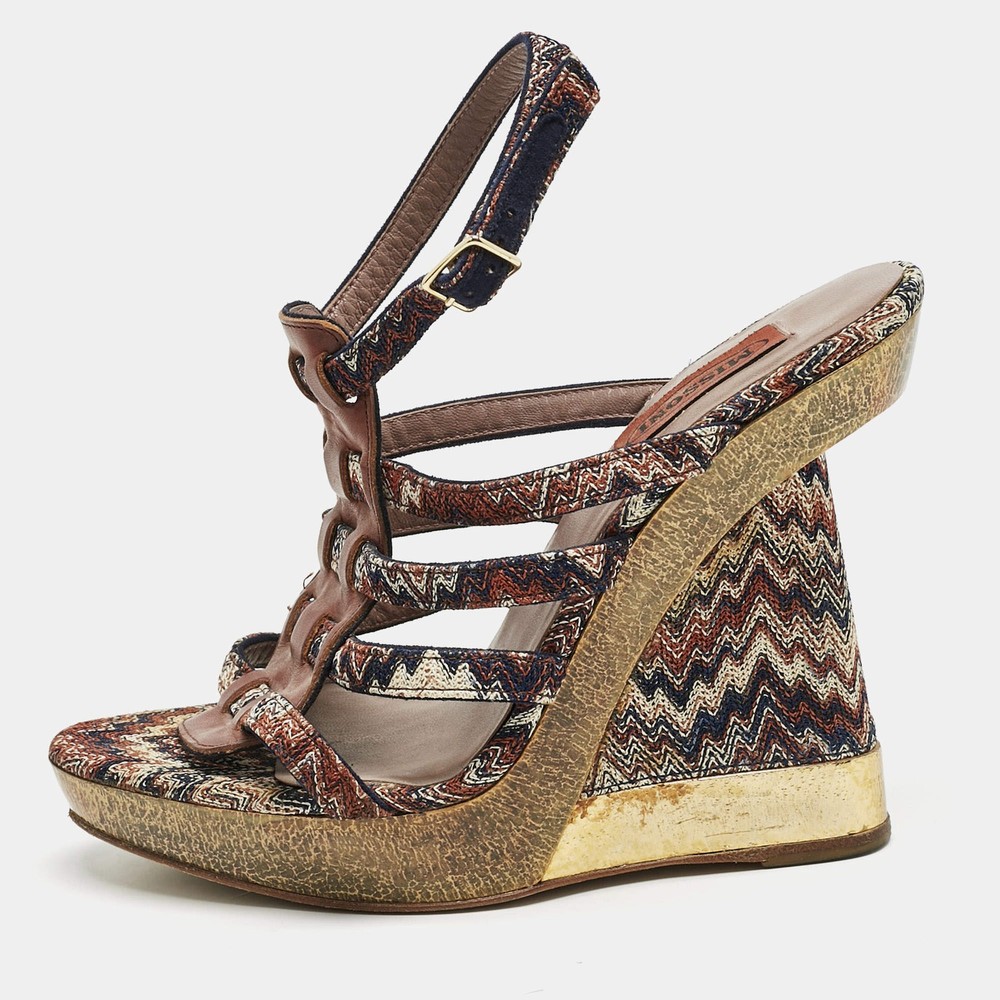 Missoni Multicolor Zigzag Print Fabric and Leather Wedge Ankle Strap Sandals