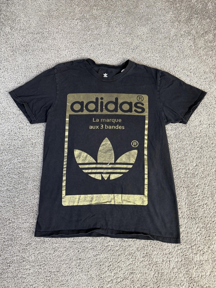 Adidas Shirt Mens S Black Gold Trefoil Graphic Crew Neck Tagless Cotton