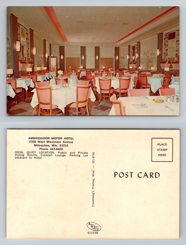 Milwaukee, WI-Wisconsin, Ambassador Motor Hotel Dining Room Vintage Postcard