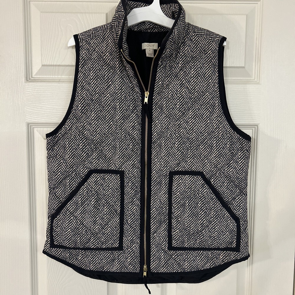 J. Crew Vest Womens Medium Beige Black Herringbone Down Insulated Quilted Puffer