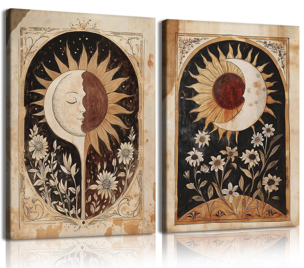 Sun Moon Tarot Wall Art Framed Set of 2 12x16in