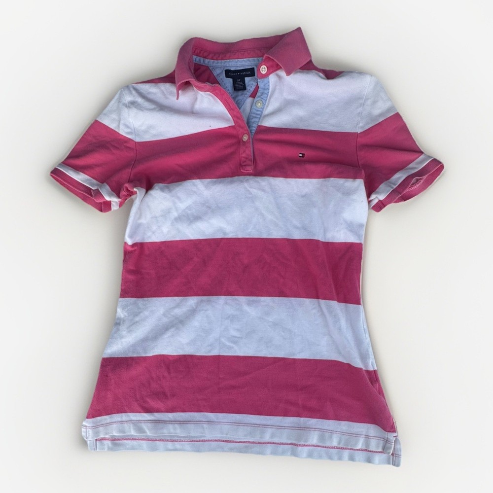 Tommy Hilfiger Women’s Polo Shirt Pink White Striped Short Sleeve Size Small