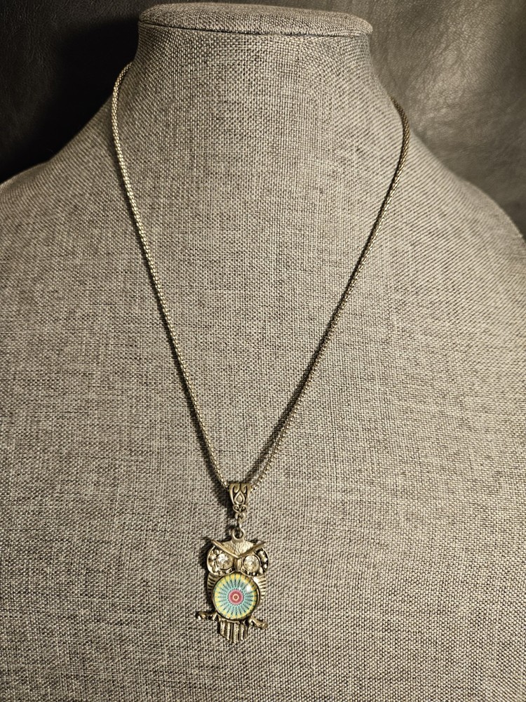 vintage Silver Tone Rhinestone owl pendant necklace, free shipping!