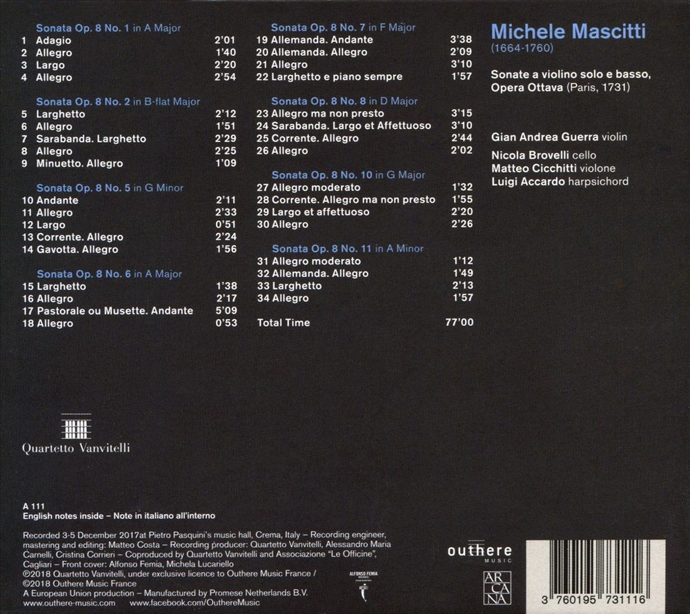 Gian Andrea Guerra Michele Mascitti: Sonate A Violino Solo E Basso, Opera Ottava