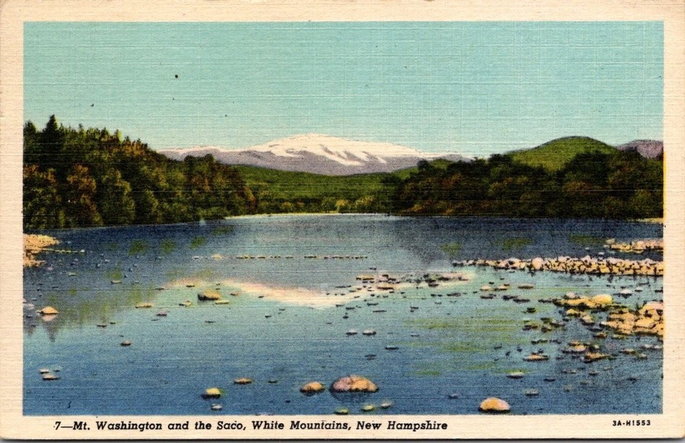 Vintage Linen Postcard Mt. Washington Saco River White Mountains NH 1954