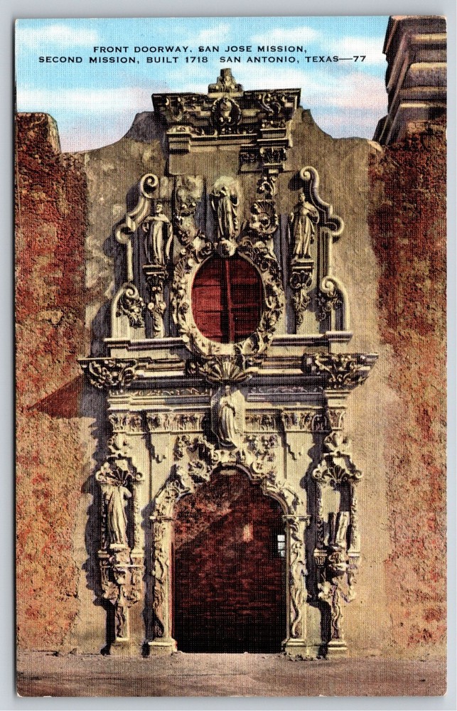 San Antonio Texas~Front Doorway San Jose Mission~Vintage Linen Postcard