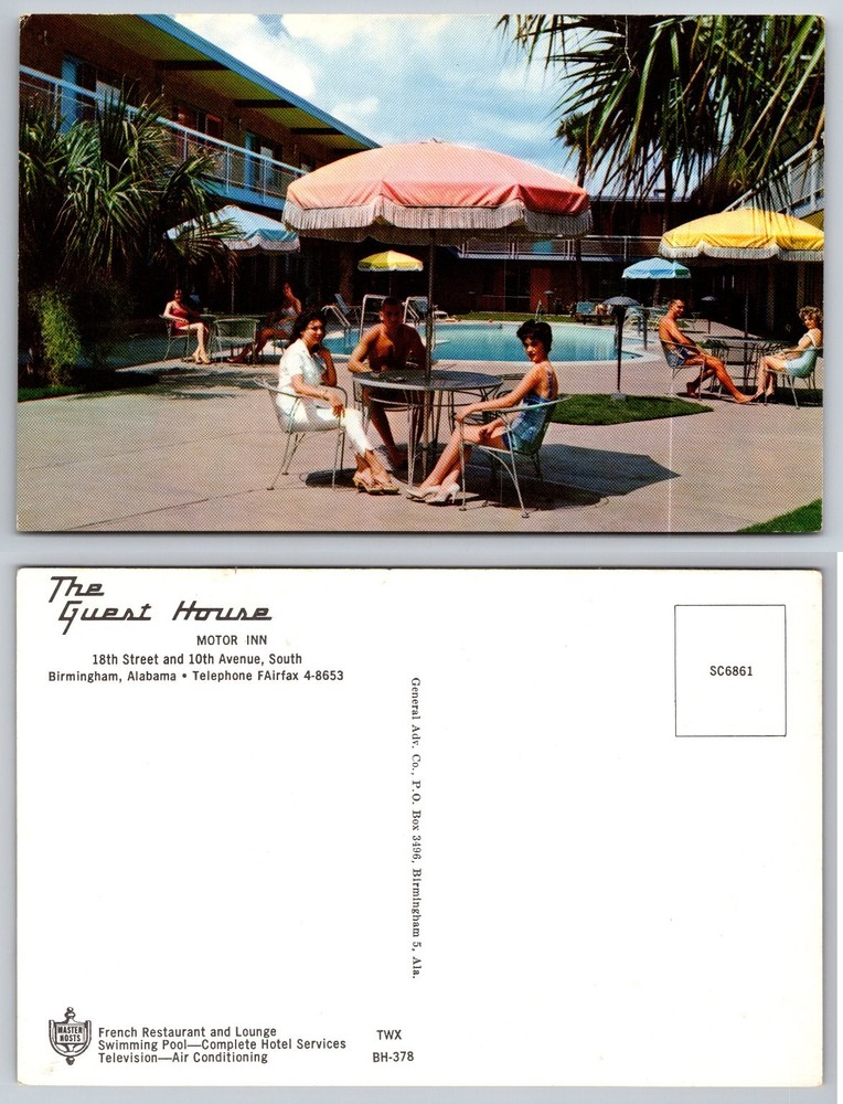 Vintage GUEST HOUSE Motor Inn Postcard Birmingham Alabama Pool 1950s-60s