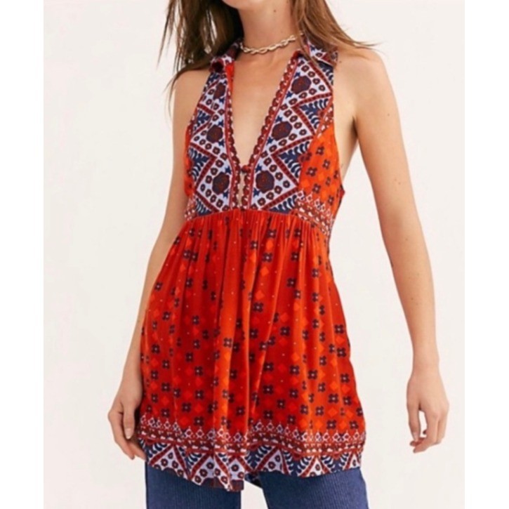Free People Charlotte Tunic Tank Top Rust Combo Women's XS Summer Floral Hippie