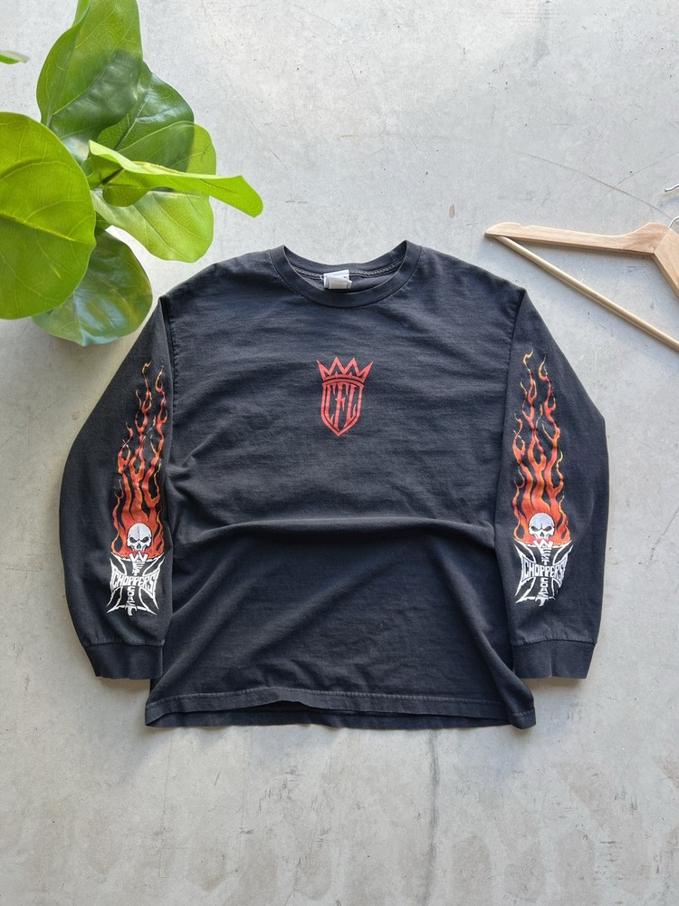 VTG 2004 West Coast Choppers CFL Black Fire Flame Skull LS T-Shirt Size Large L