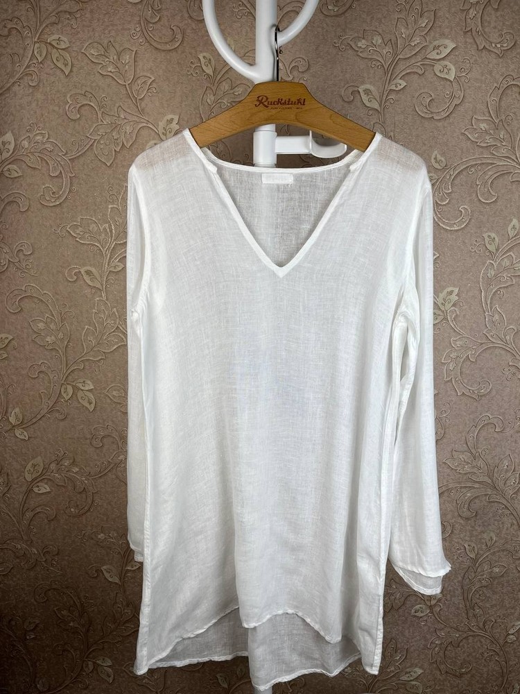 CP Shades Women’s Popover V-Neck  Embroidered Linen Tunic Top  S White