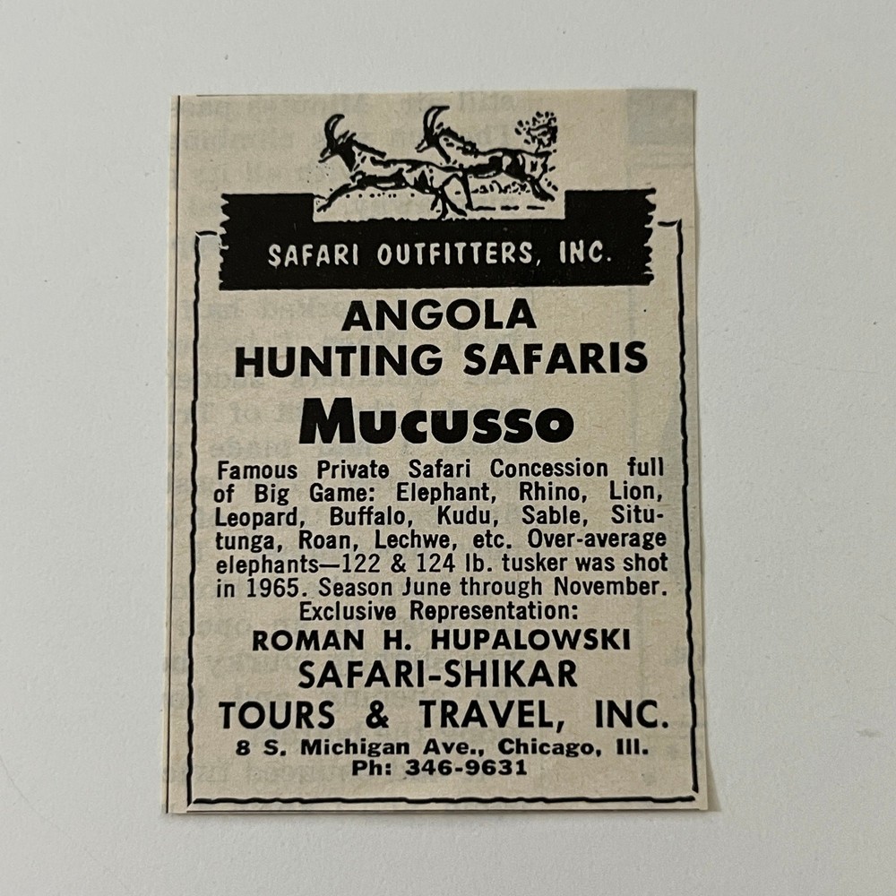 Safari Outfitters Inc. Angola Hunting Safaris Chicago 1966 Magazine Ad SAH3-S10