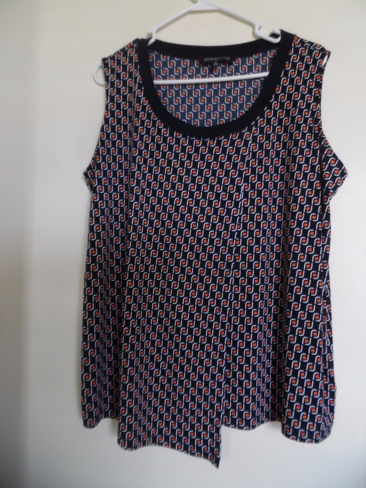 Jones New York Signature Navy Orange Print Sleeveless Shirt Top Tank Size 1X