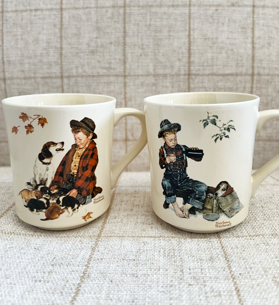 1984 Norman Rockwell The Four Seasons Mug Collection x 2 A Boy and His Dog 1956