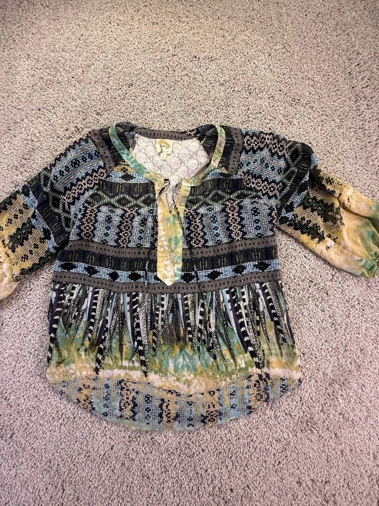 Fig And Flower Women’s Large 3/4 Sleeve Peasant Tunic Sheer Boho Top Blouse