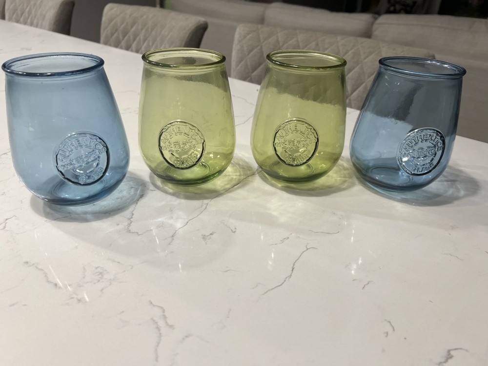 4 San Miguel Authentic 100% Recycled Glass  Drinking Glasses 14oz 2 green 2 blue