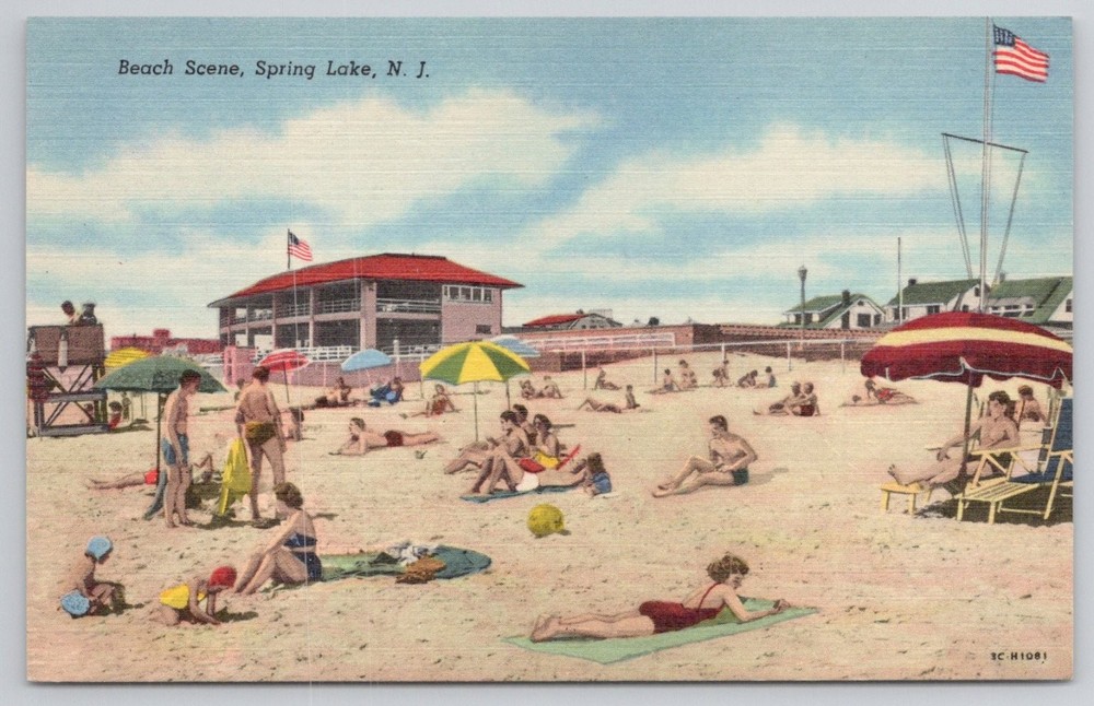 Vintage Spring Lake NJ Beach Scene Linen Postcard 1930s Curt Teich Art-Colortone