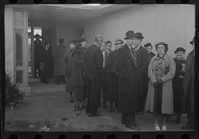 Photo:1930s Crowd Outside Building Men Women Hats Coats
