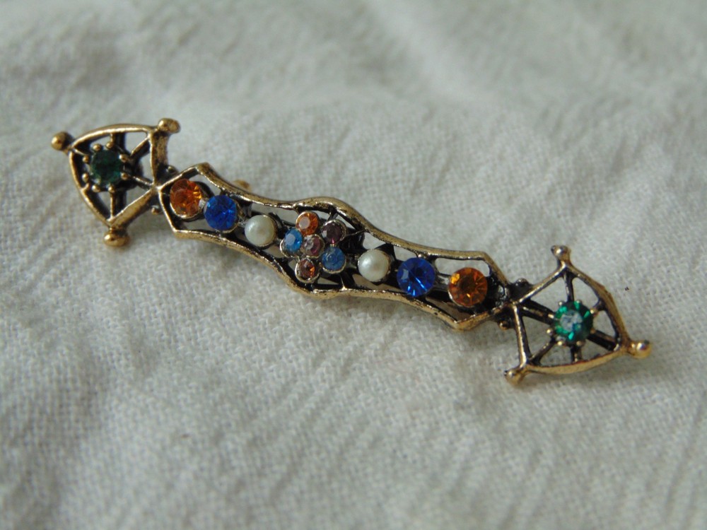 vintage antique style colored crystals seed pearls bar pin brooch
