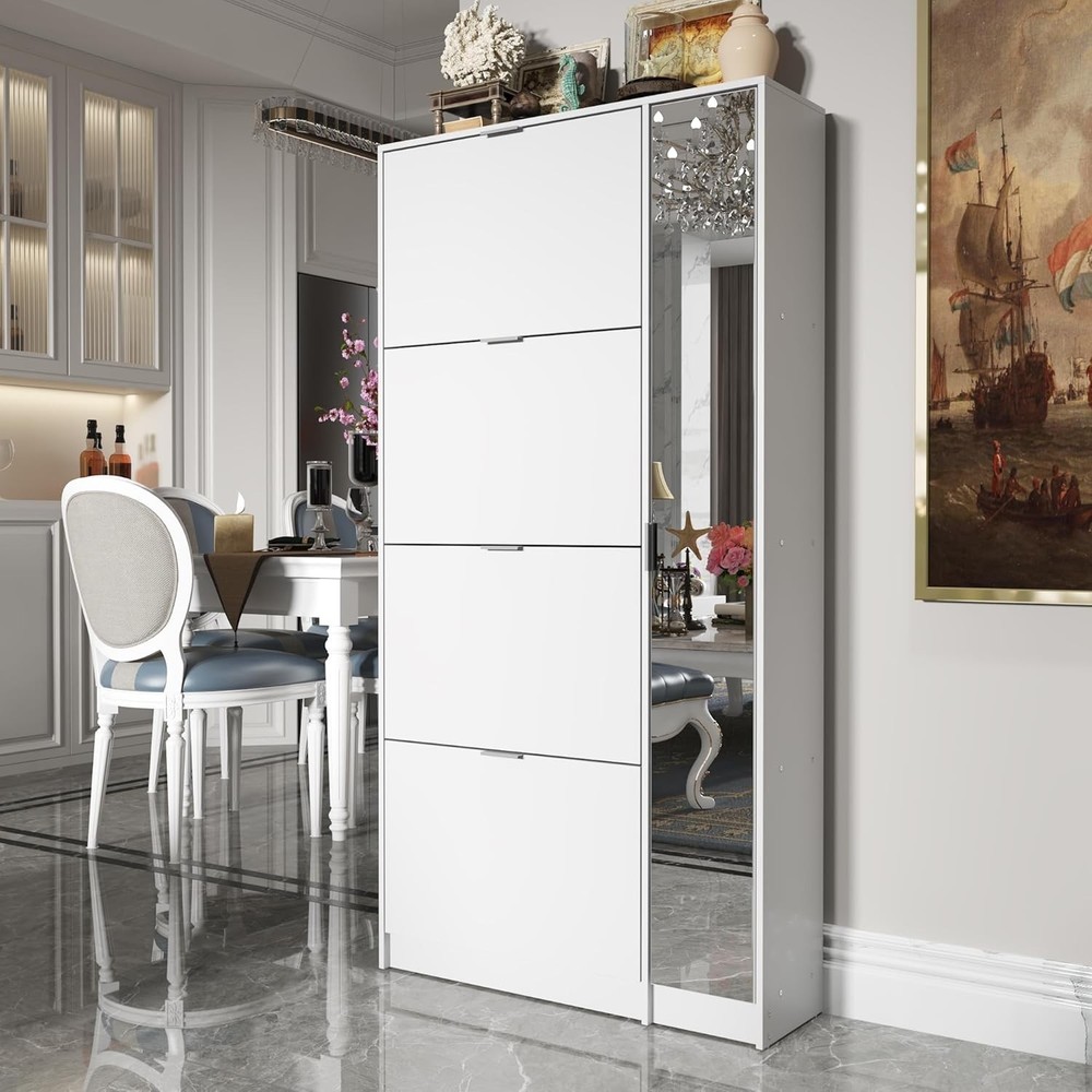 Modern Wood Shoe Cabinet with 4 Flip Drawers Mirror Storage Organizer