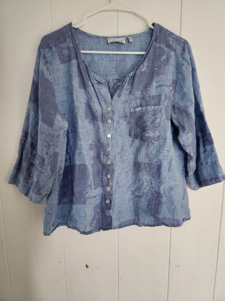 Habitat Womens’ Linen Lavender Blue Crinkle Button Front Tunic Top M Lagenlook