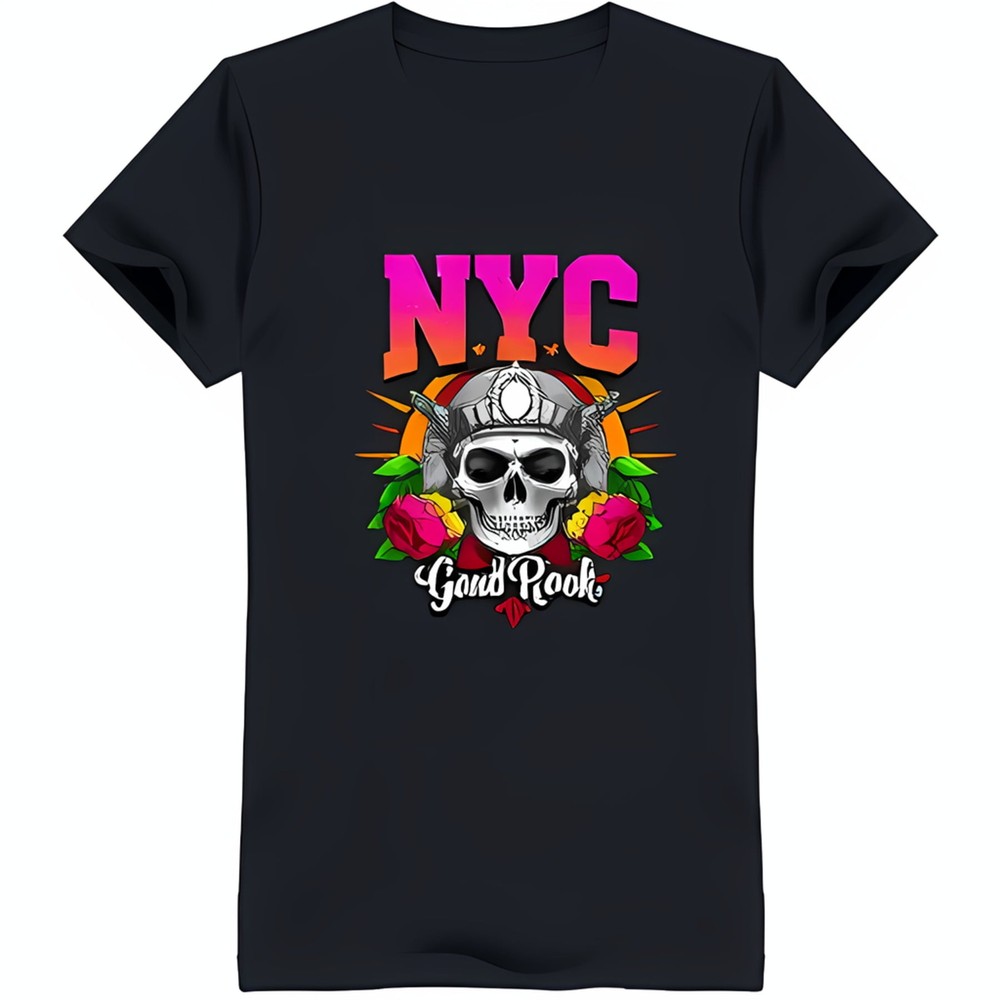 Black T-Shirt with Design Flowers & 'NYC Good ' Print