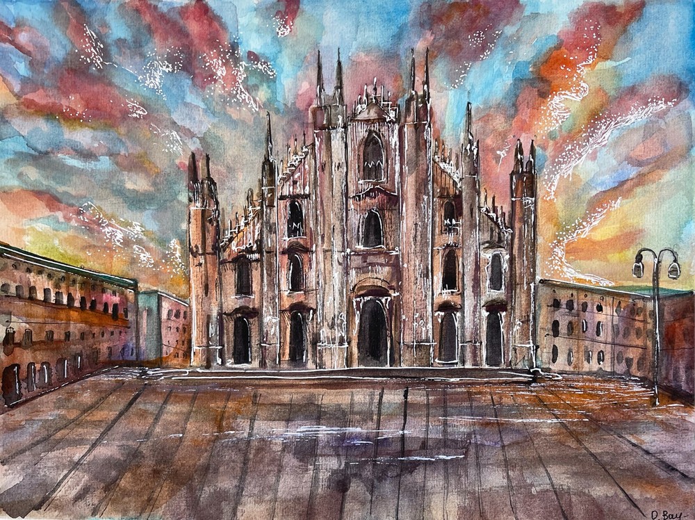 Milan Painting Duomo Cathedral Original Art Watercolor Painting Cityscape signed