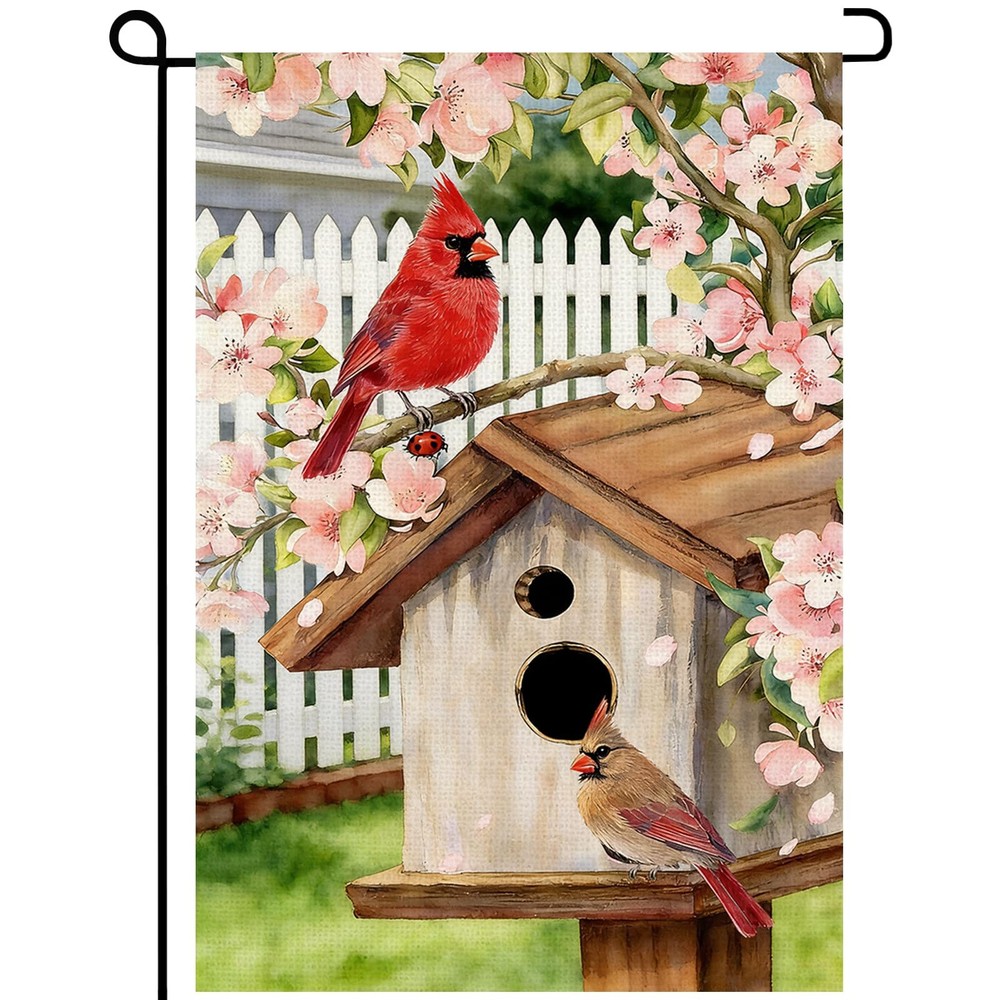 Spring Cardinal Bird Garden Flag 12x18 Inch Double Sided Pink Flowers Tree Su...