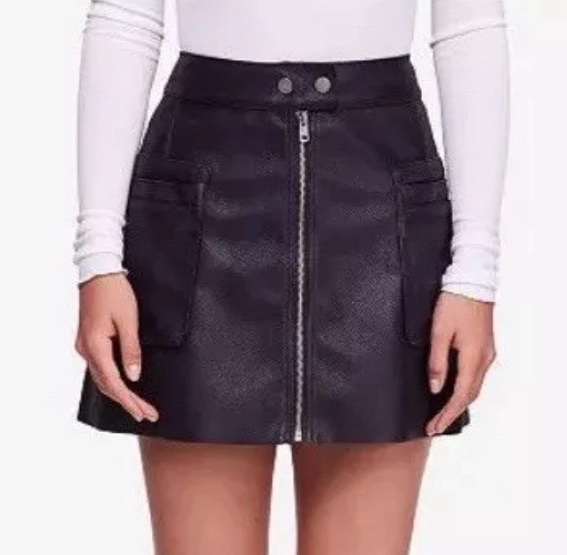 Free People Black Faux Leather Zip Front A-Line Mini Skirt Size 12 NWOT