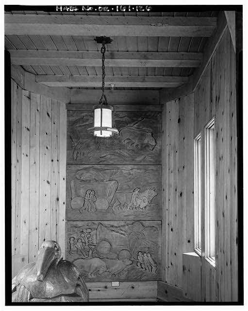 126. Interior view, detail, Head House, main stairway, carved wood panels,