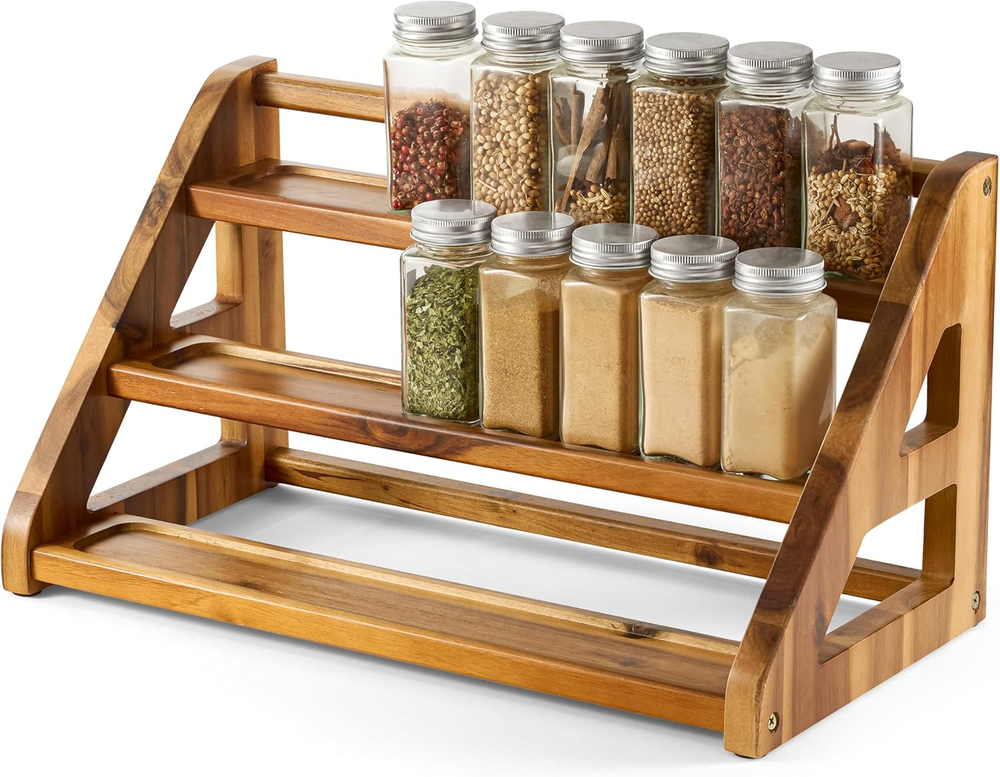 Acacia Wood Countertop Spice Rack Holds 24 Jars with Wooden Tray-image