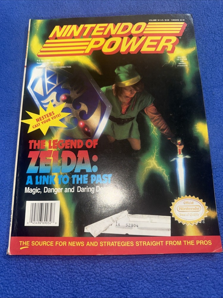 Nintendo Power 1992 Magazine 34 March NES era, Legend of Zelda Link, with Poster