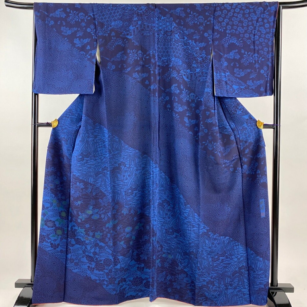 Indigo Japanese Kimono Homongi with Flowers and Pine Needles 164cm Pure Silk