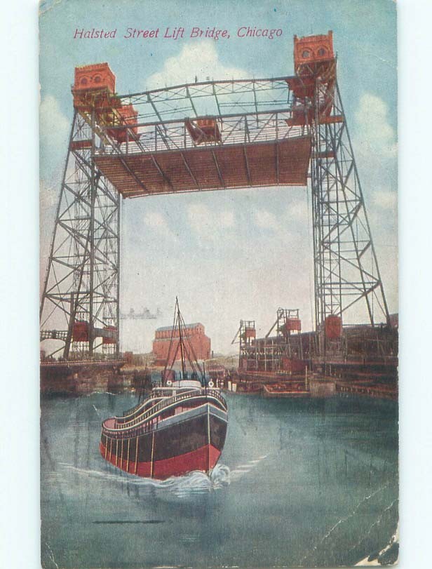 Divided-Back BOAT UNDER HALSTED STREET LIFT BRIDGE Chicago Illinois IL d4937