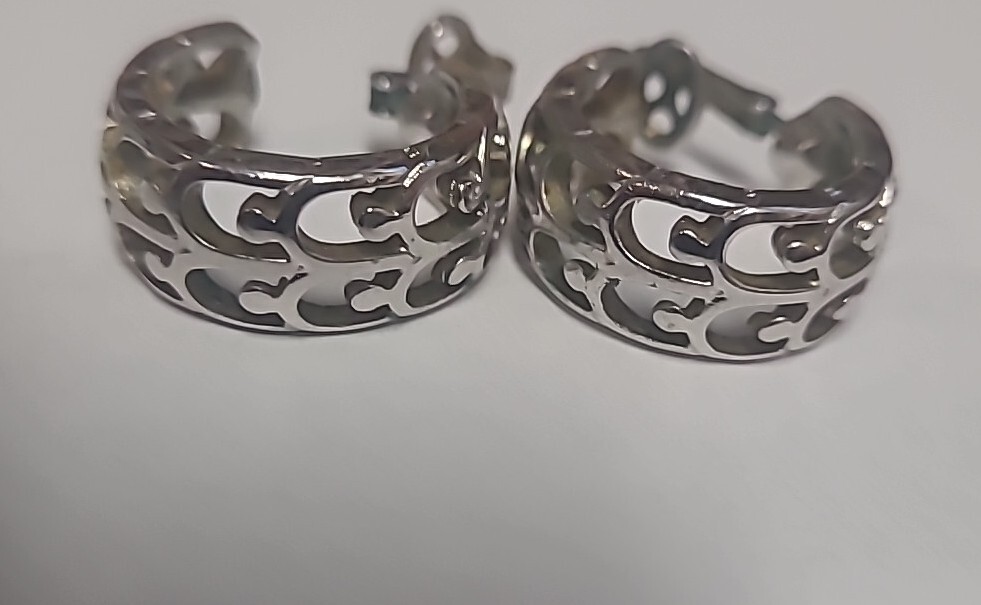 Vintage Crown Trifari Earrings Clip-on Silvertone Signed Hoops 1